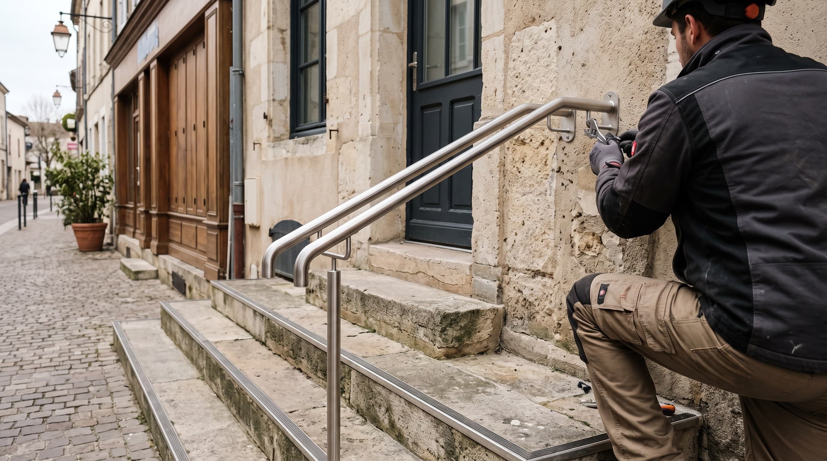 Main courante d'escalier de commerce, quelle hauteur, quelle fixation ?
