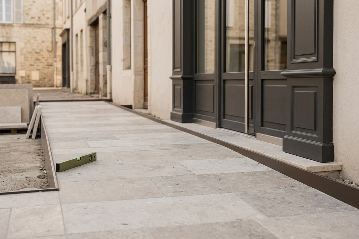 Cheminement extérieur accessible menant à un commerce