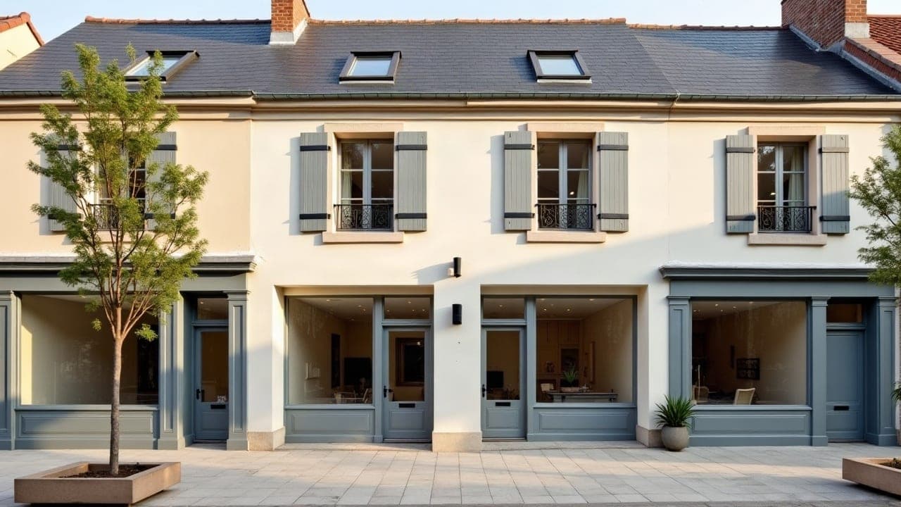 Rue résidentielle et commerces de proximité à Basse-Goulaine, au sud-est de Nantes