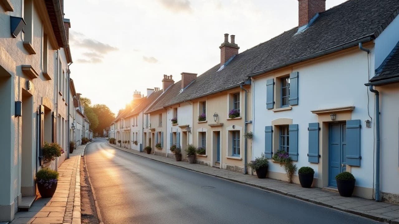 Rue du bourg de Bouaye avec maisons basses et commerces de proximité