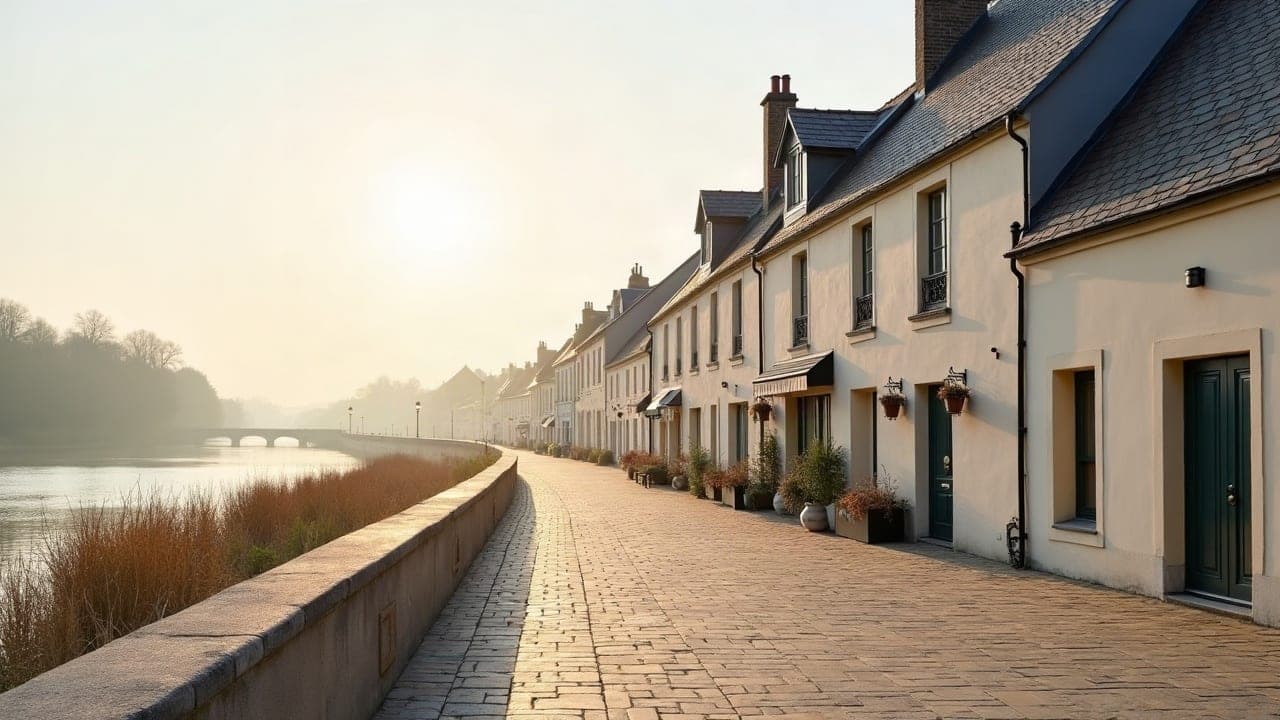 Maisons anciennes en bord de Loire à Indre, sous un ciel clair