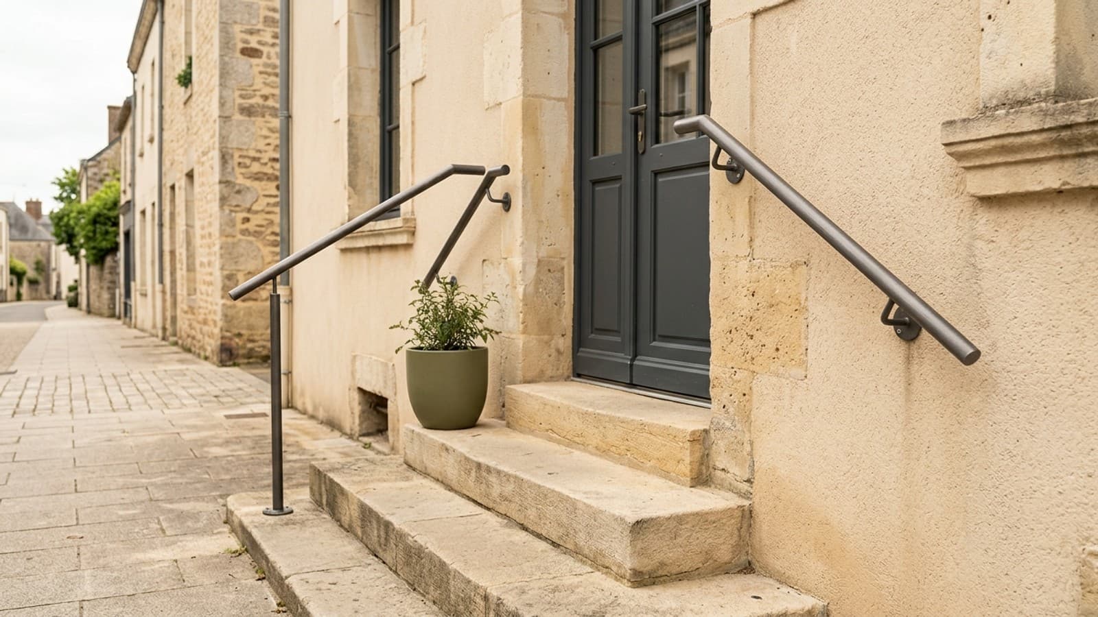 Main courante posée le long d'un escalier d'entrée de commerce à La Chapelle-sur-Erdre
