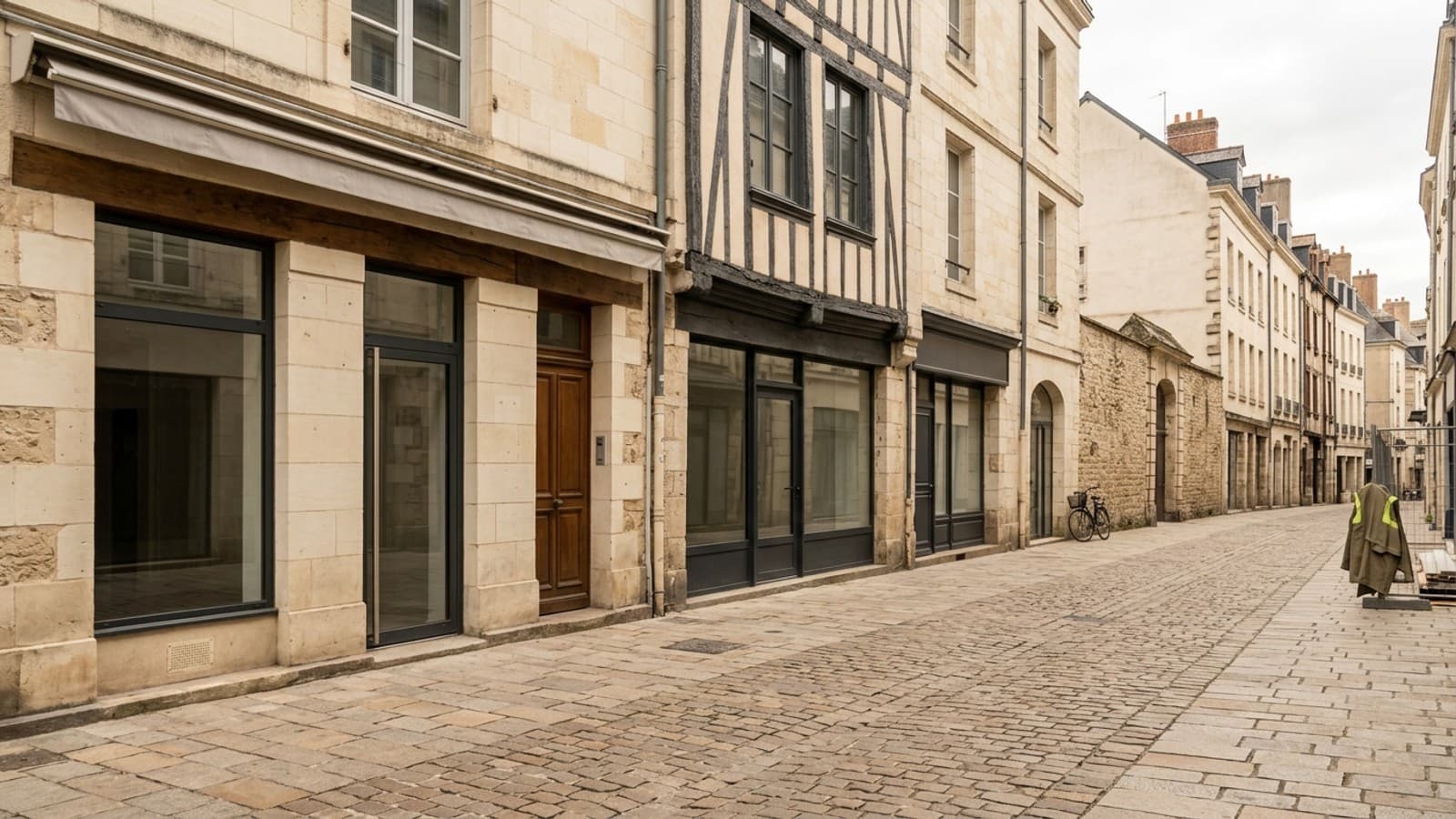 Façades de commerces dans une rue commerçante du centre-ville de Nantes
