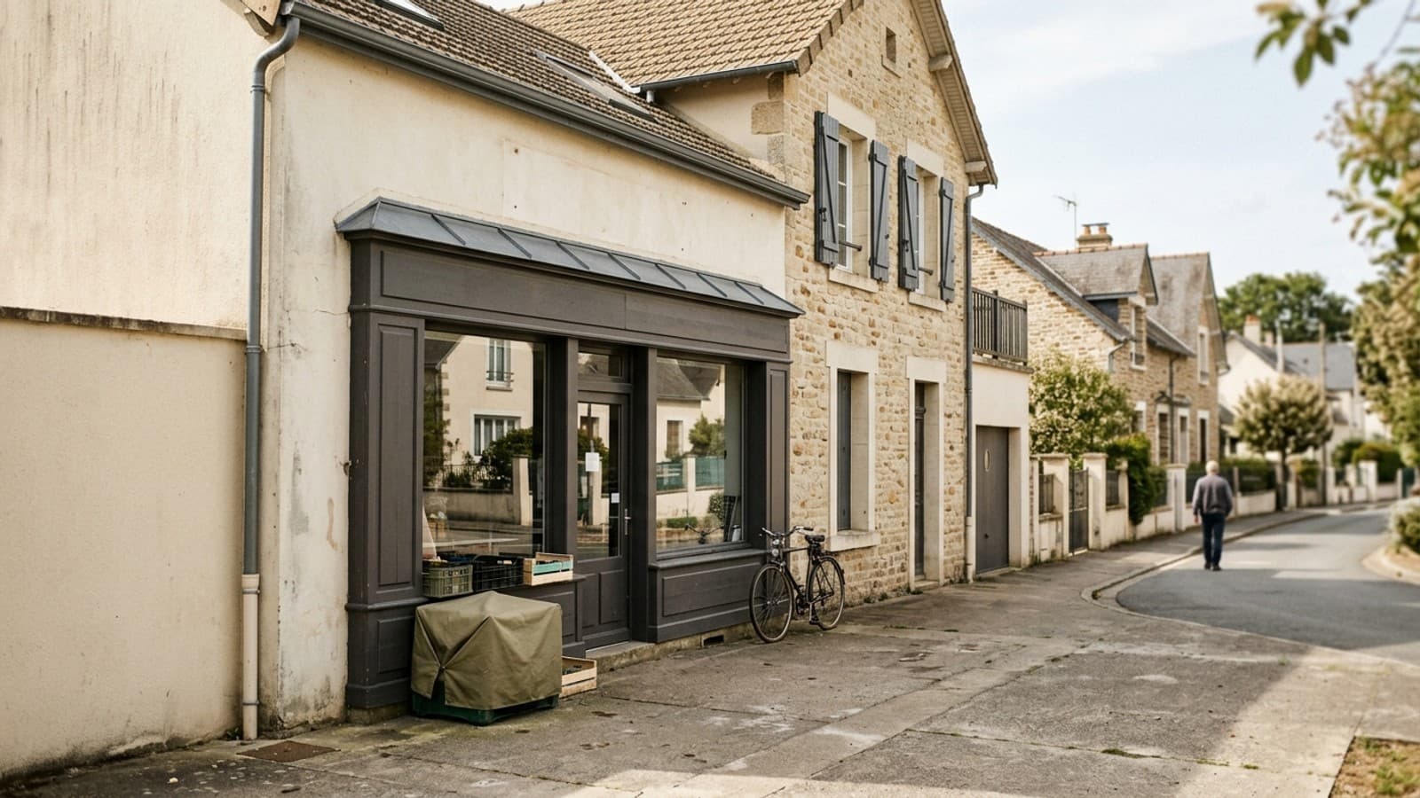 Vitrine d'un commerce de quartier dans une petite rue résidentielle à Orvault