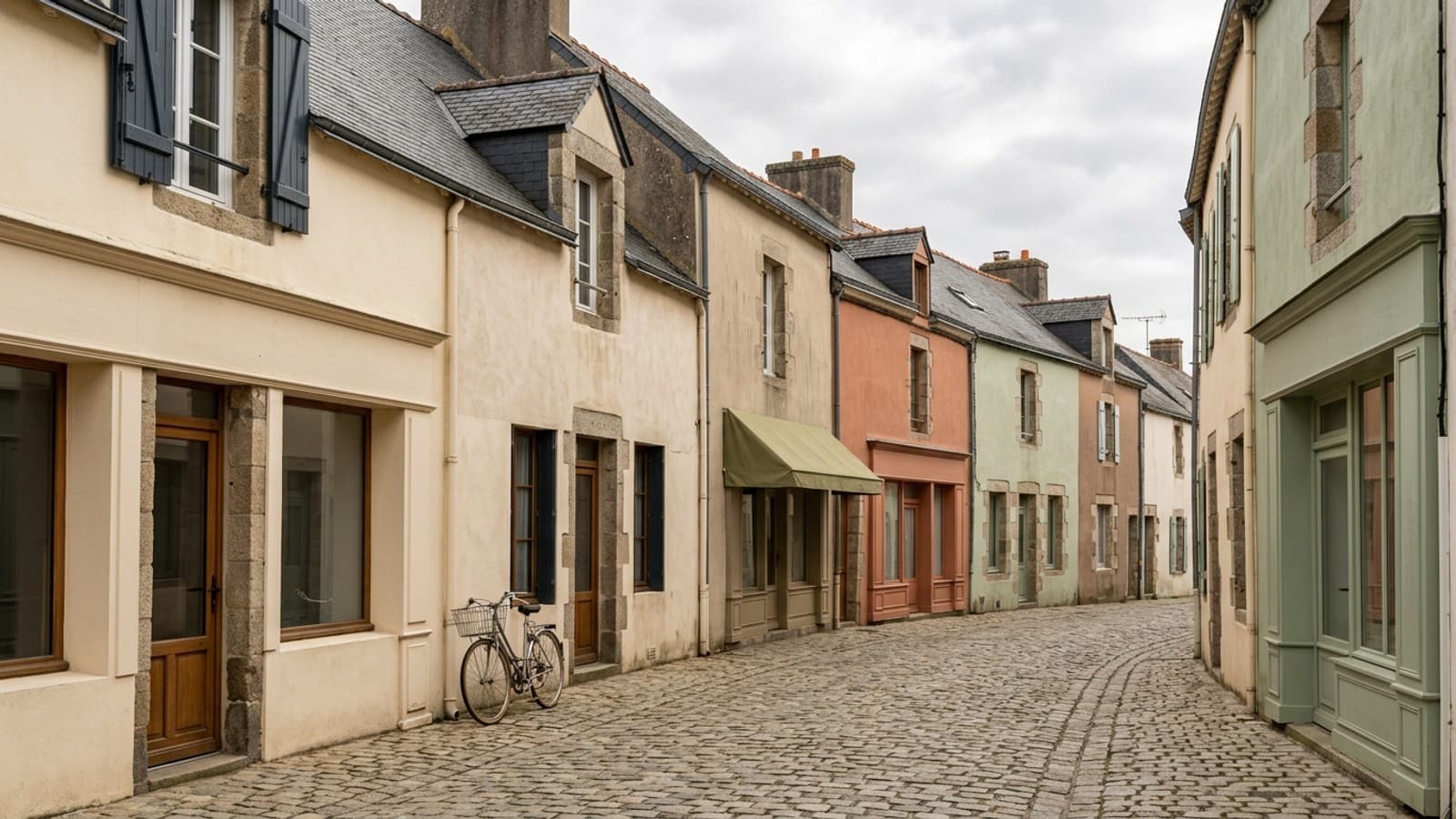 Façades colorées de maisons de pêcheurs transformées en commerces à Trentemoult, Rezé