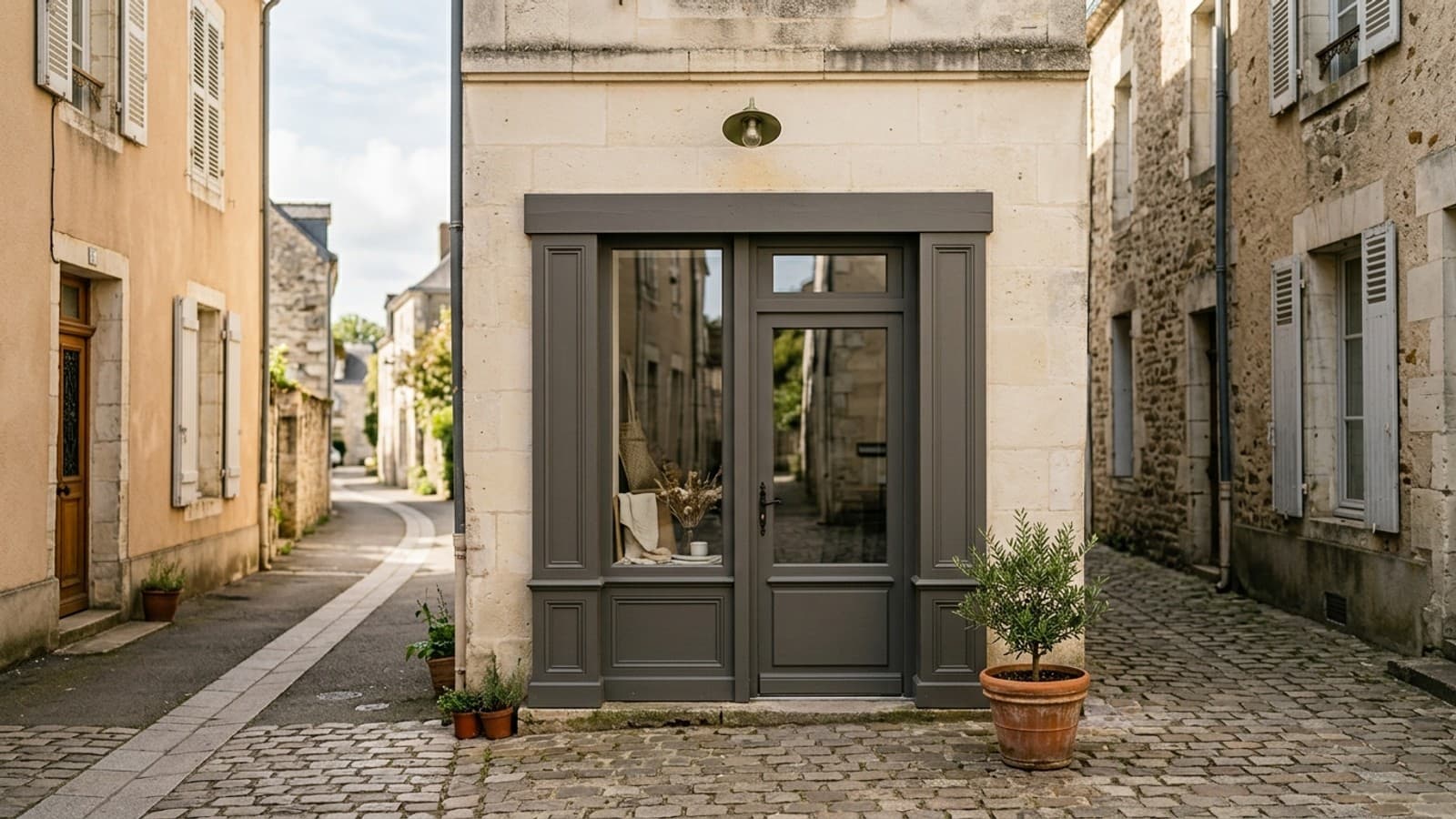 Façade étroite de commerce dans le bourg de Sainte-Luce-sur-Loire