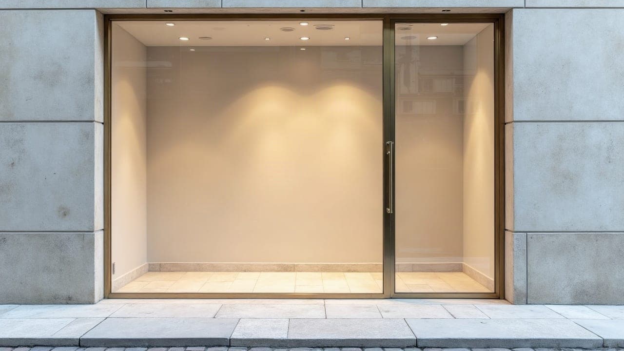 Entrée vitrée d'un commerce de plain-pied, le dallage du trottoir arrive au ras du seuil