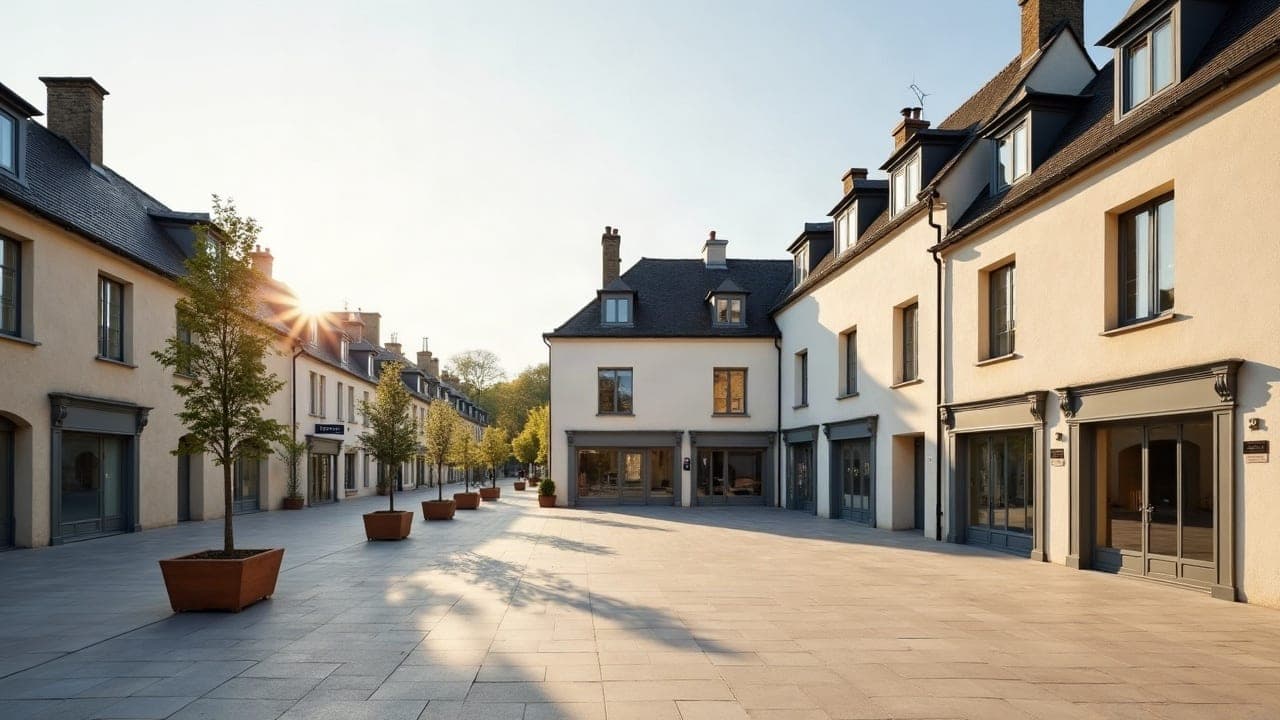 Rue du bourg de Sautron avec maisons et commerces de proximité