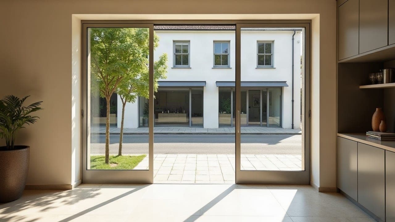Grande porte vitrée coulissante ouverte, sol intérieur et trottoir au même niveau