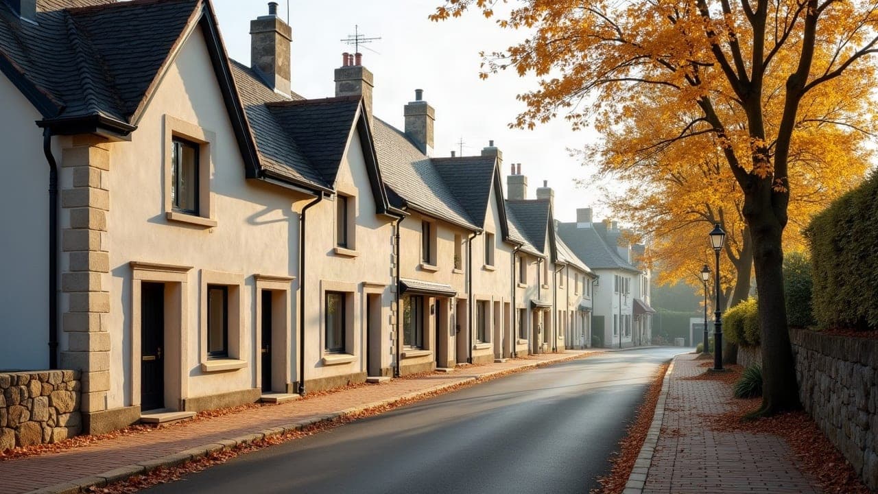 Rue du centre de Treillières avec maisons et vitrines de commerces