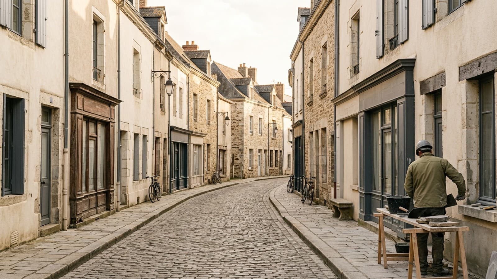 Rue commerçante en pente dans le centre-bourg de Vertou