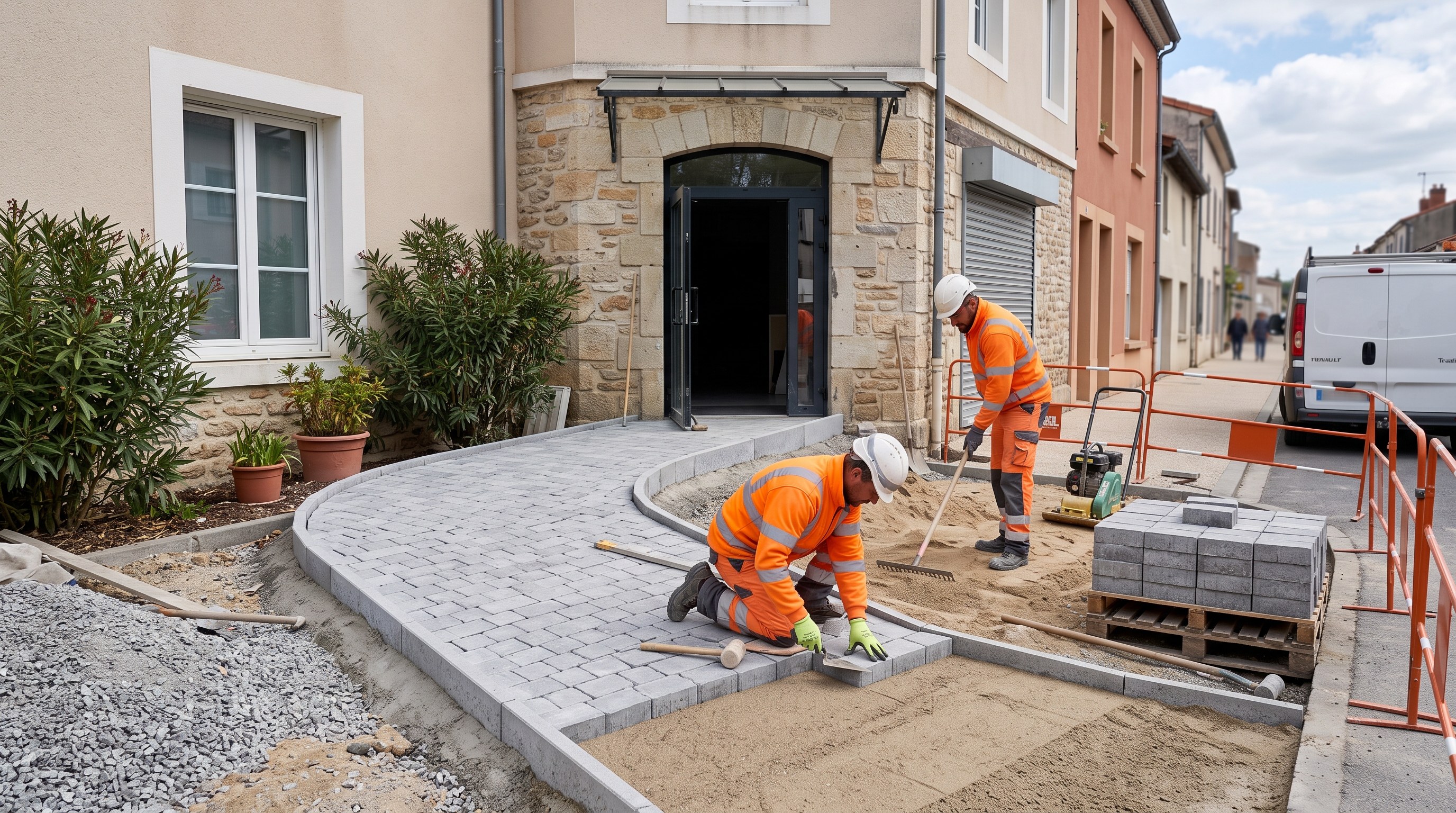 Cheminement extérieur menant à l'entrée d'un local professionnel