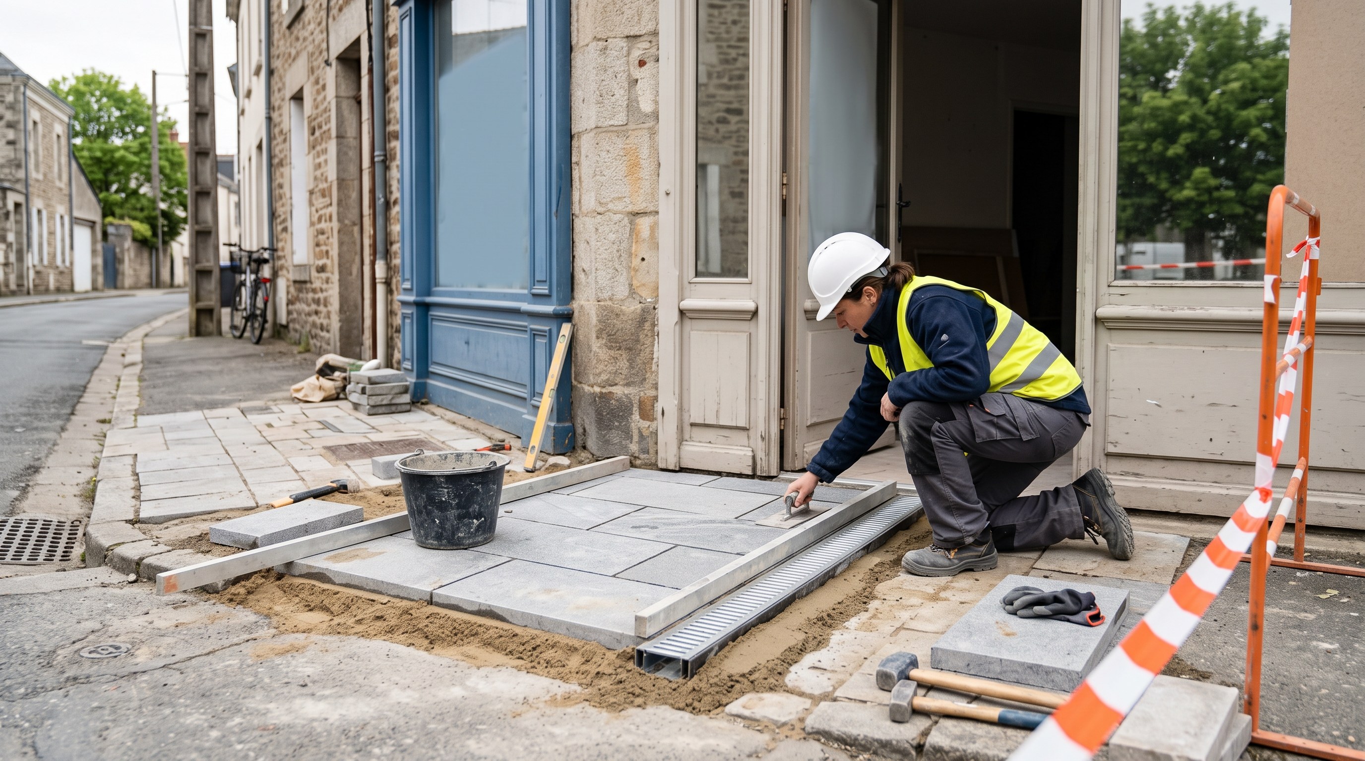 Façade de commerce ancien à Rezé avec seuil d'entrée traité pour l'accessibilité