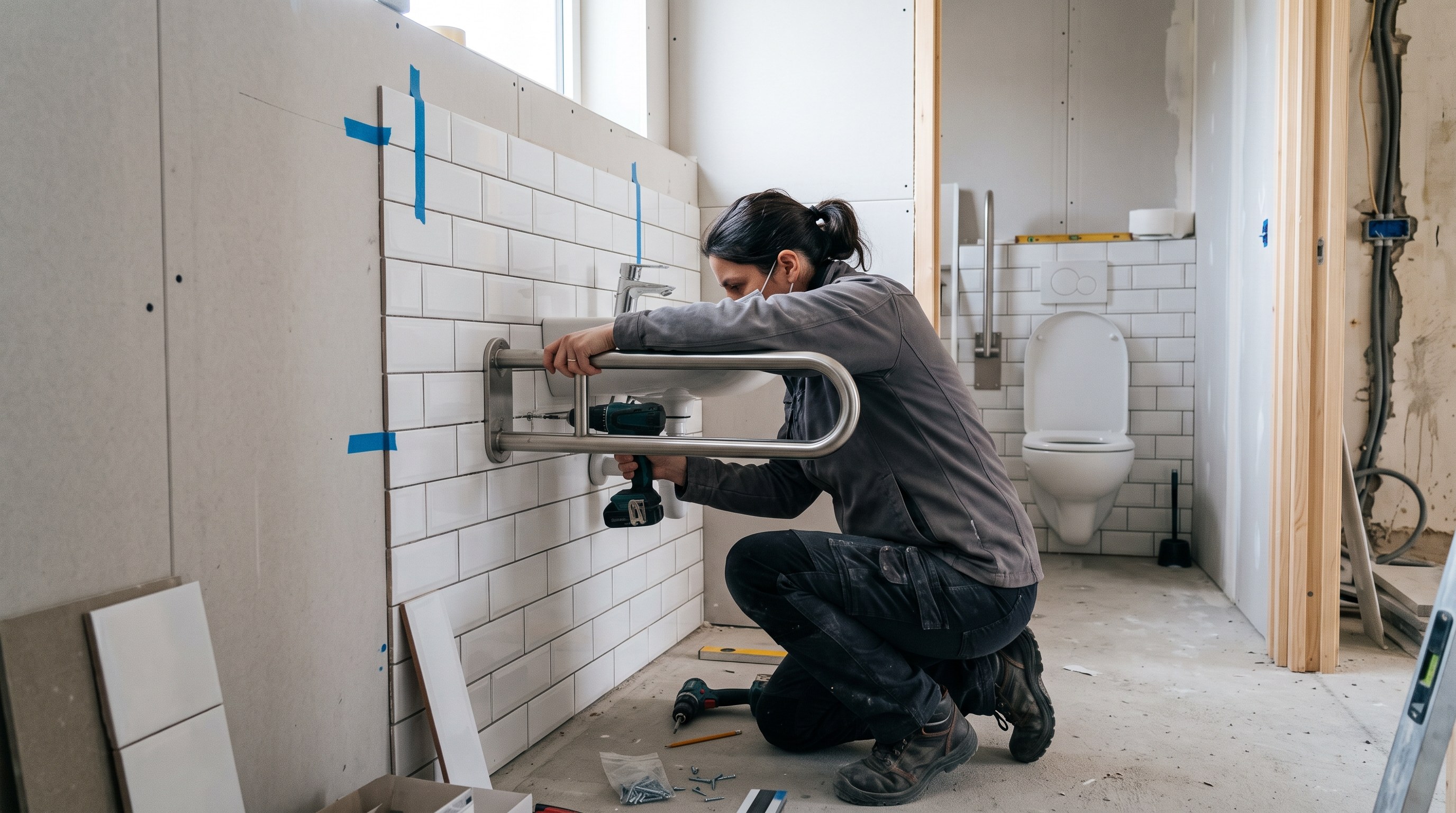 Sanitaire de commerce adapté avec barre d'appui aux Sorinières