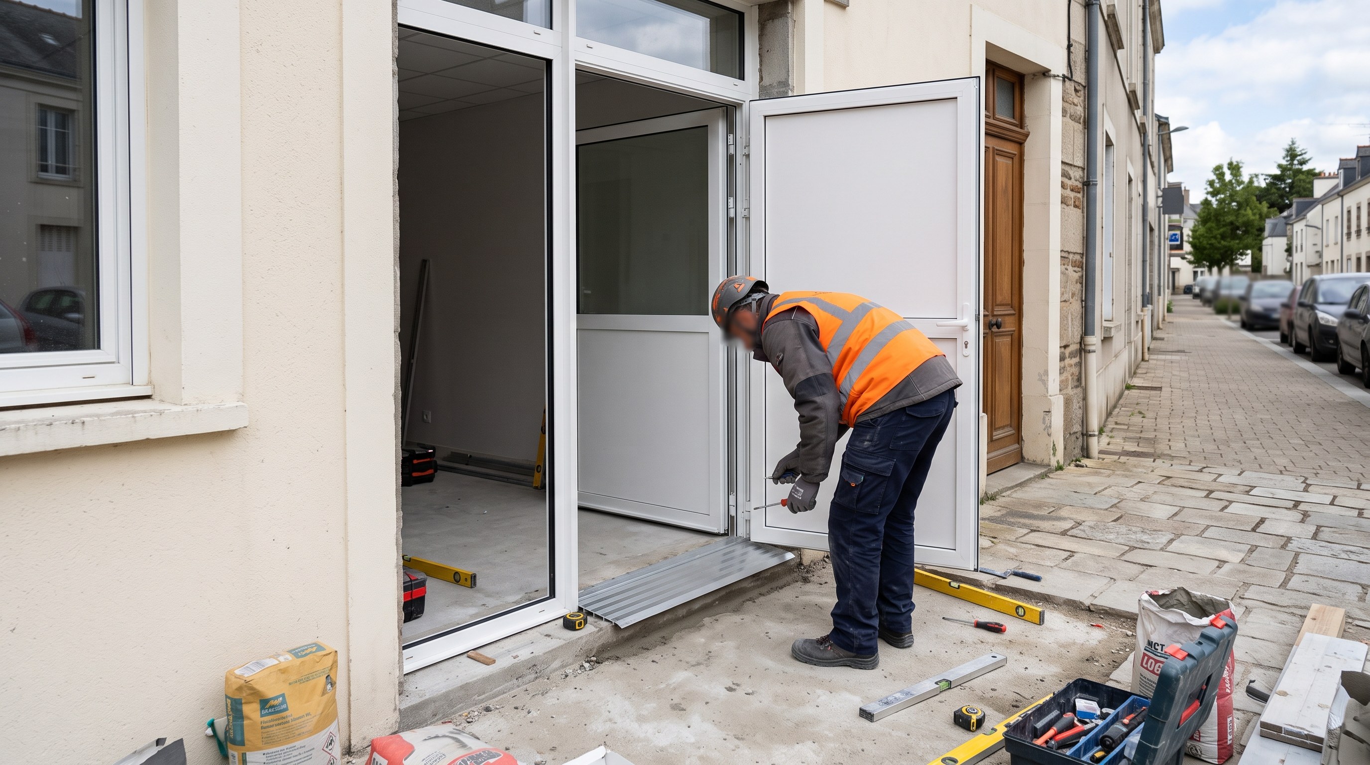 Entrée de commerce avec porte élargie et seuil traité à Orvault