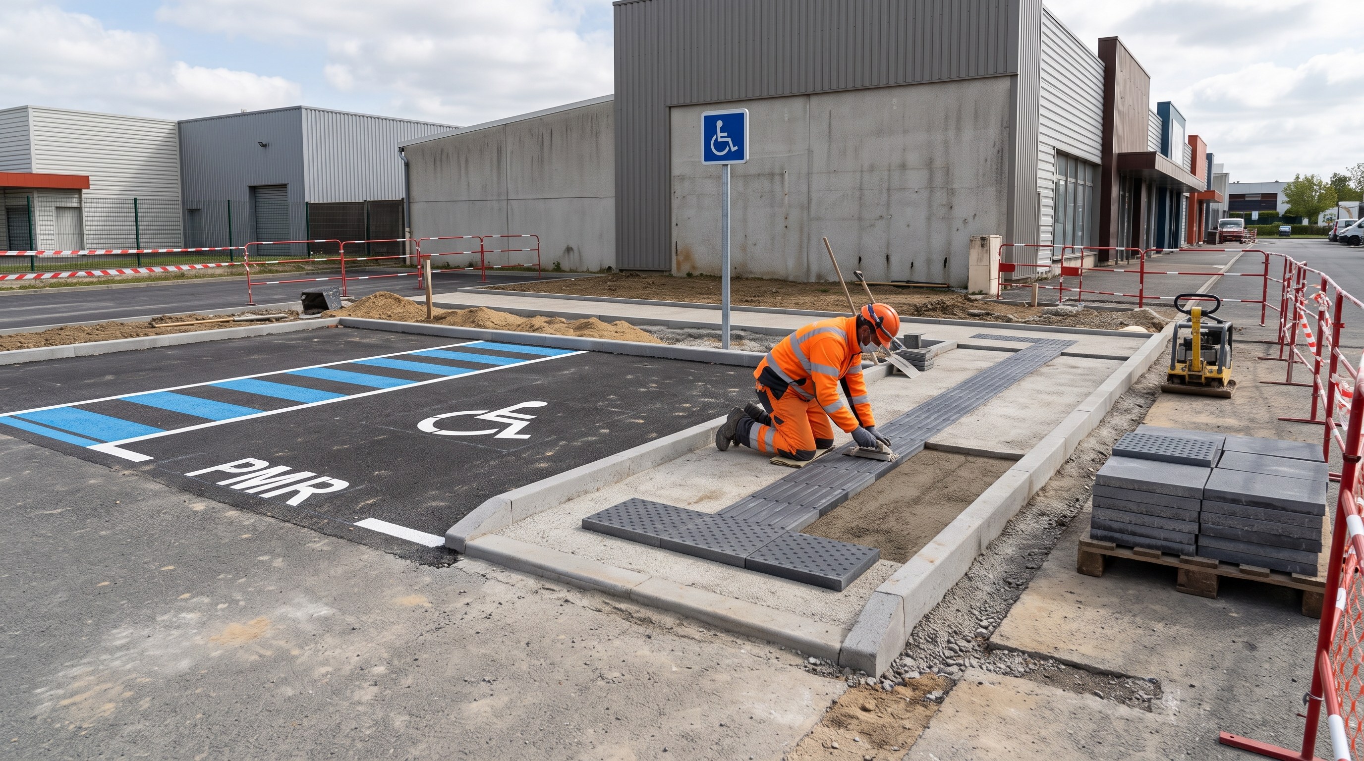 Cheminement extérieur et place de stationnement adaptée en zone commerciale à Saint-Herblain