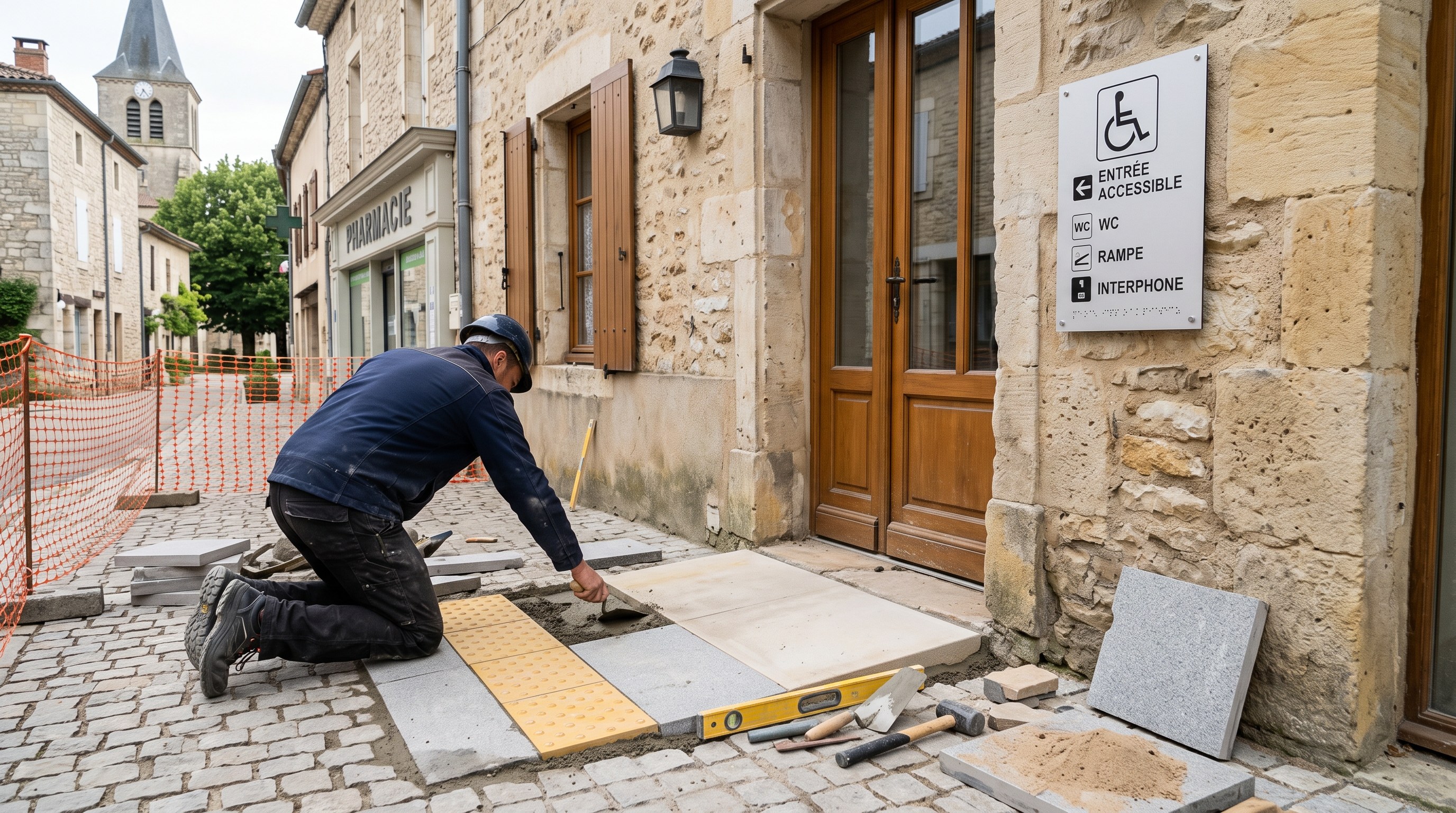 Signalétique et repérage adaptés à l'entrée d'un commerce du bourg