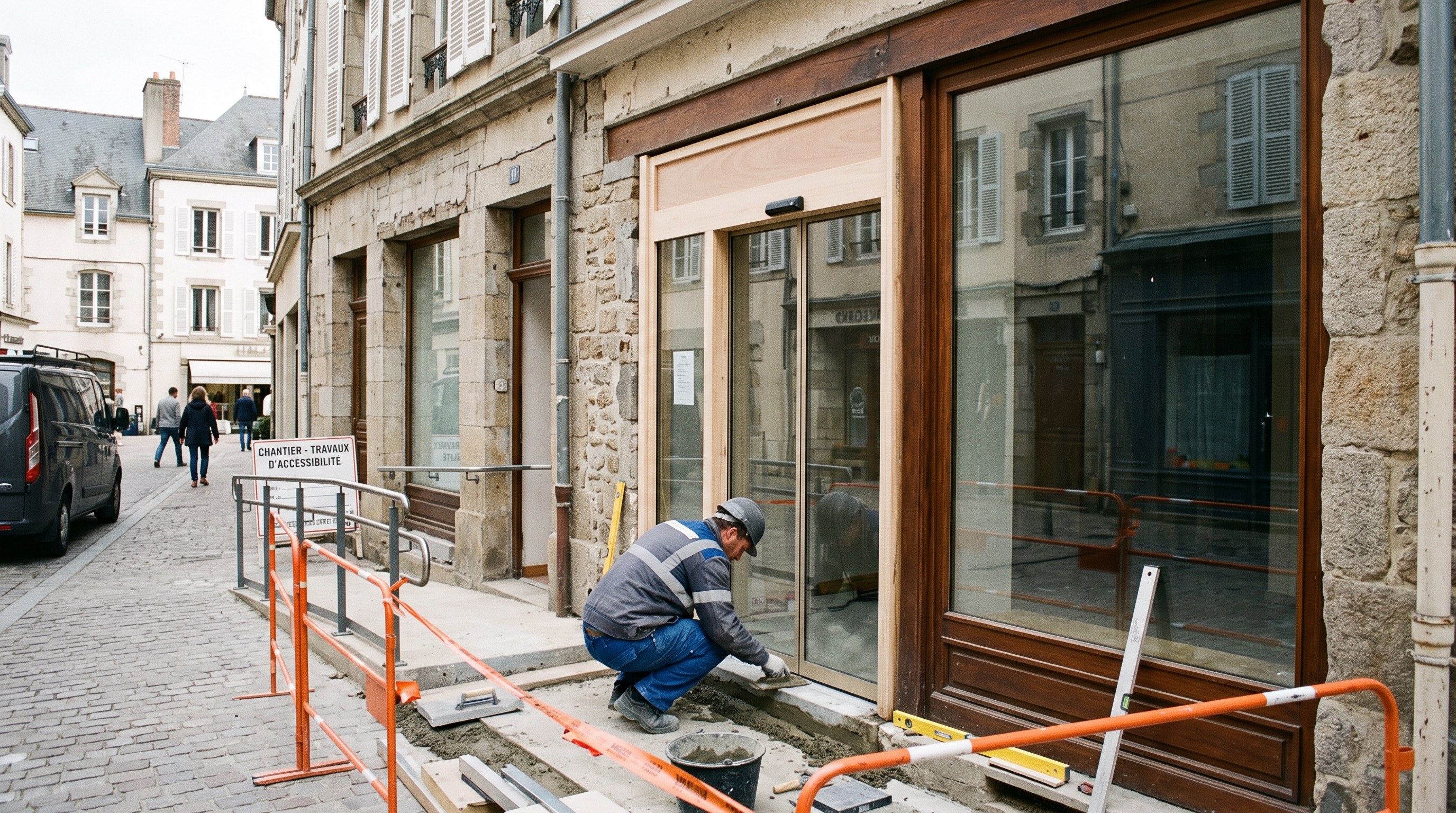 Devanture de commerce avec porte élargie et vitrine préservée
