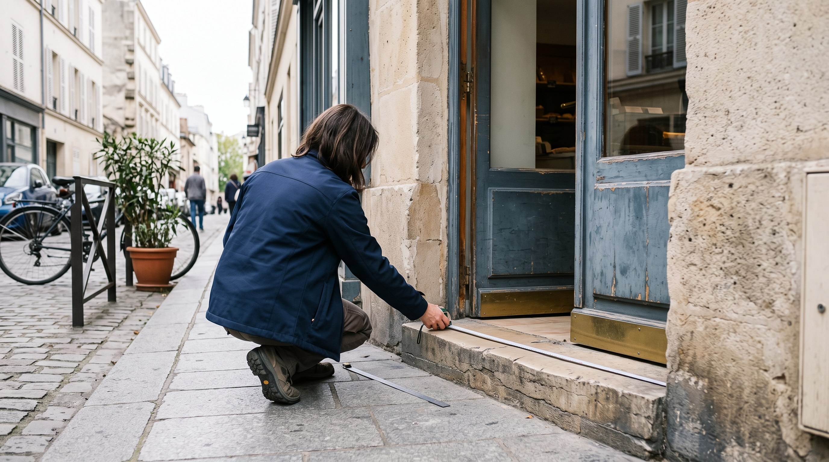 Relevé de mesures à l'entrée d'un commerce lors d'un diagnostic accessibilité