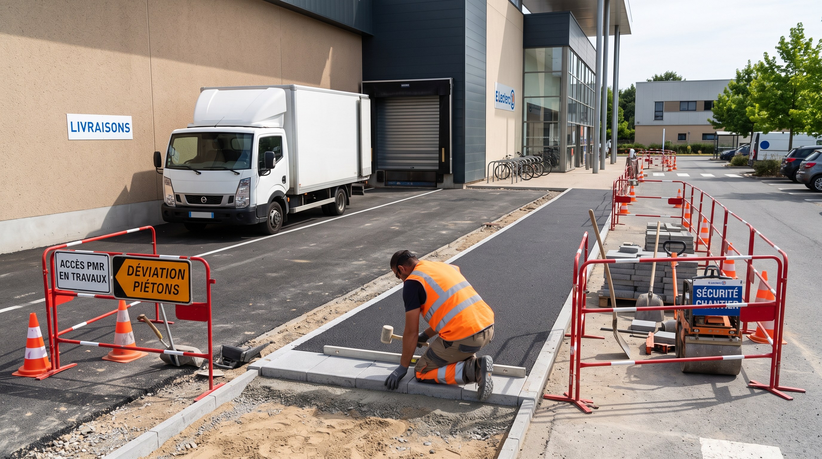 Cheminement extérieur balisé le long d'une aire de livraison de commerce