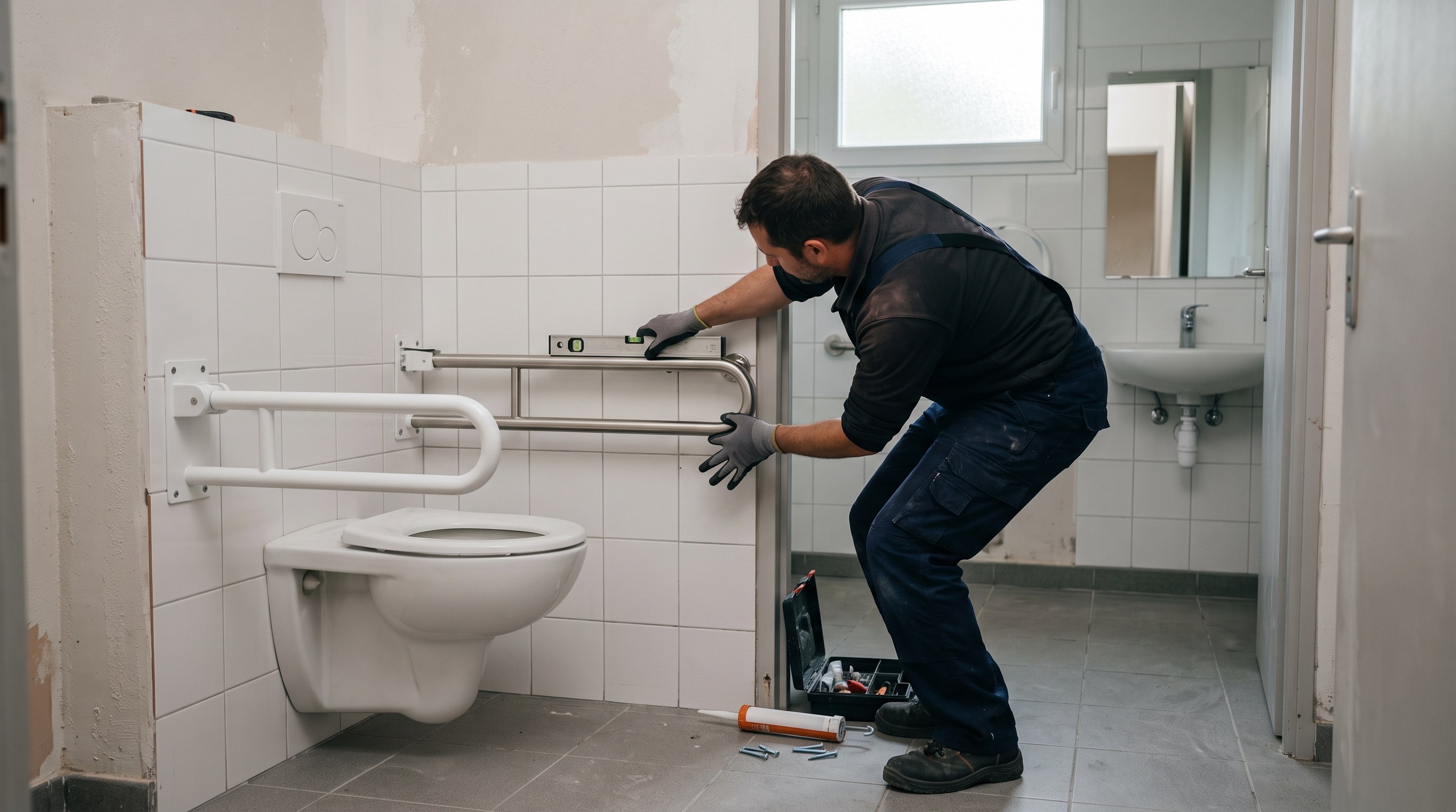 Barre d'appui fixée près d'une cuvette adaptée dans un sanitaire de commerce