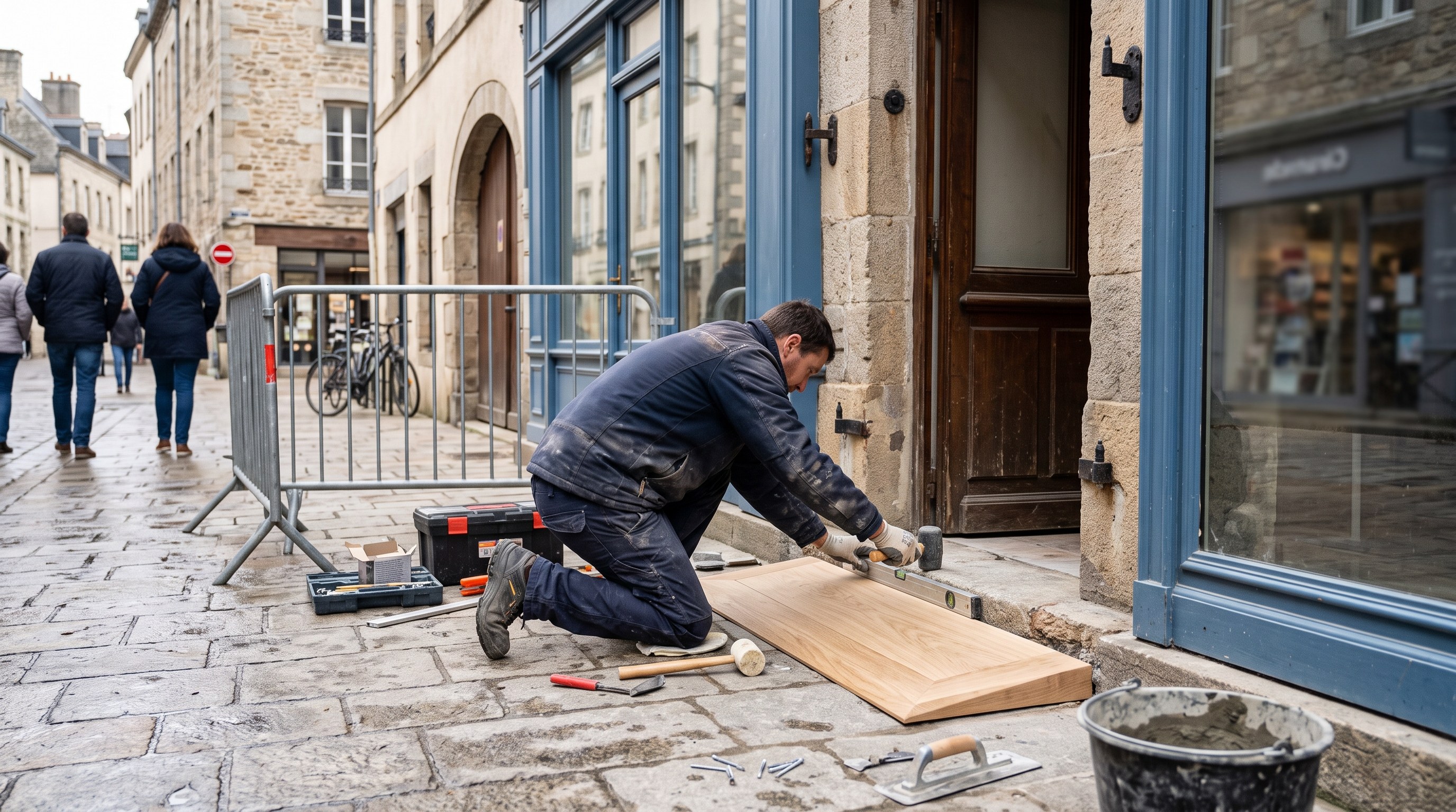 Seuil de porte traité avec chanfrein sur un commerce en rez-de-chaussée d'immeuble ancien