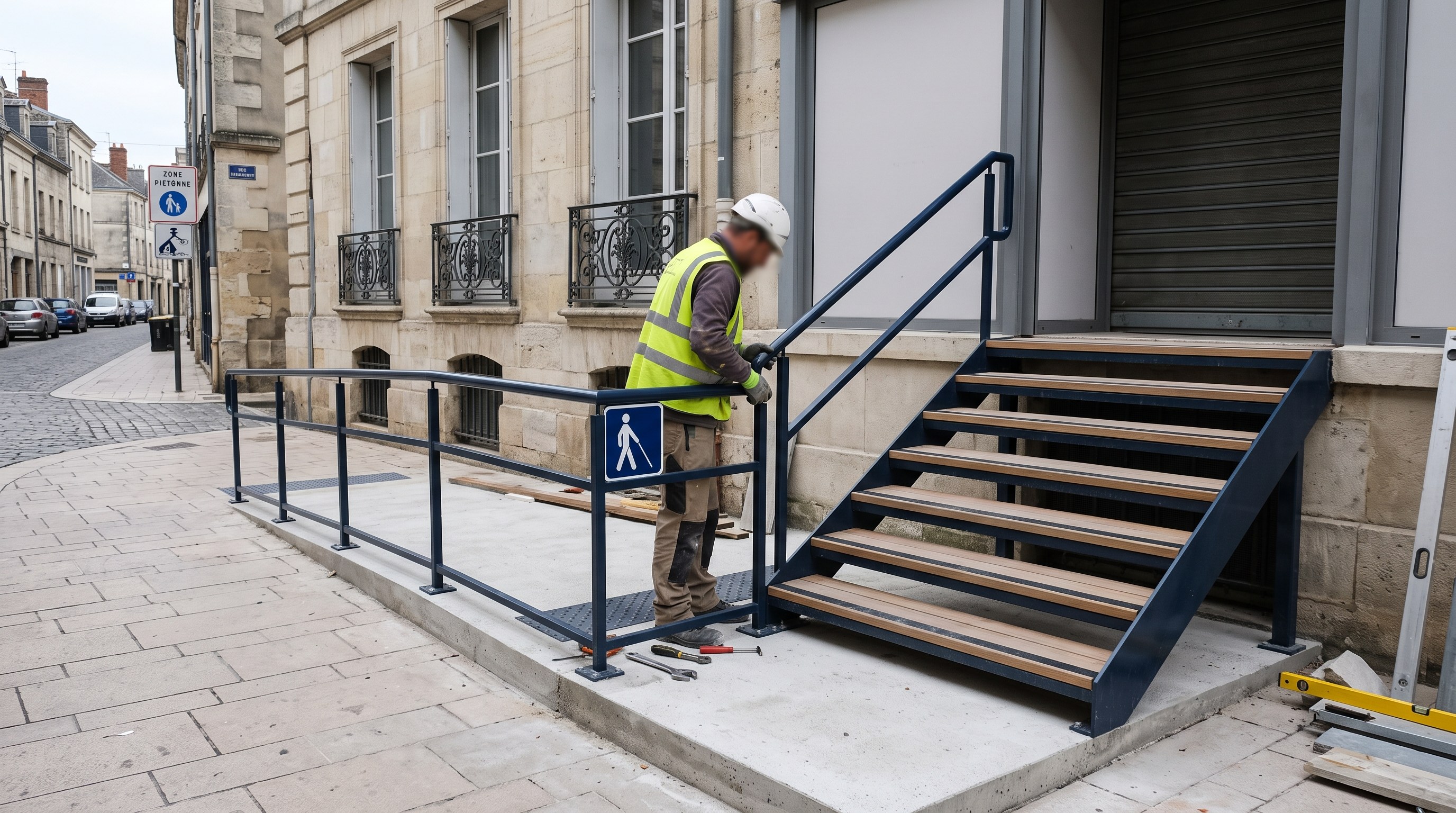 Escalier de commerce avec main courante prolongée et signalétique contrastée