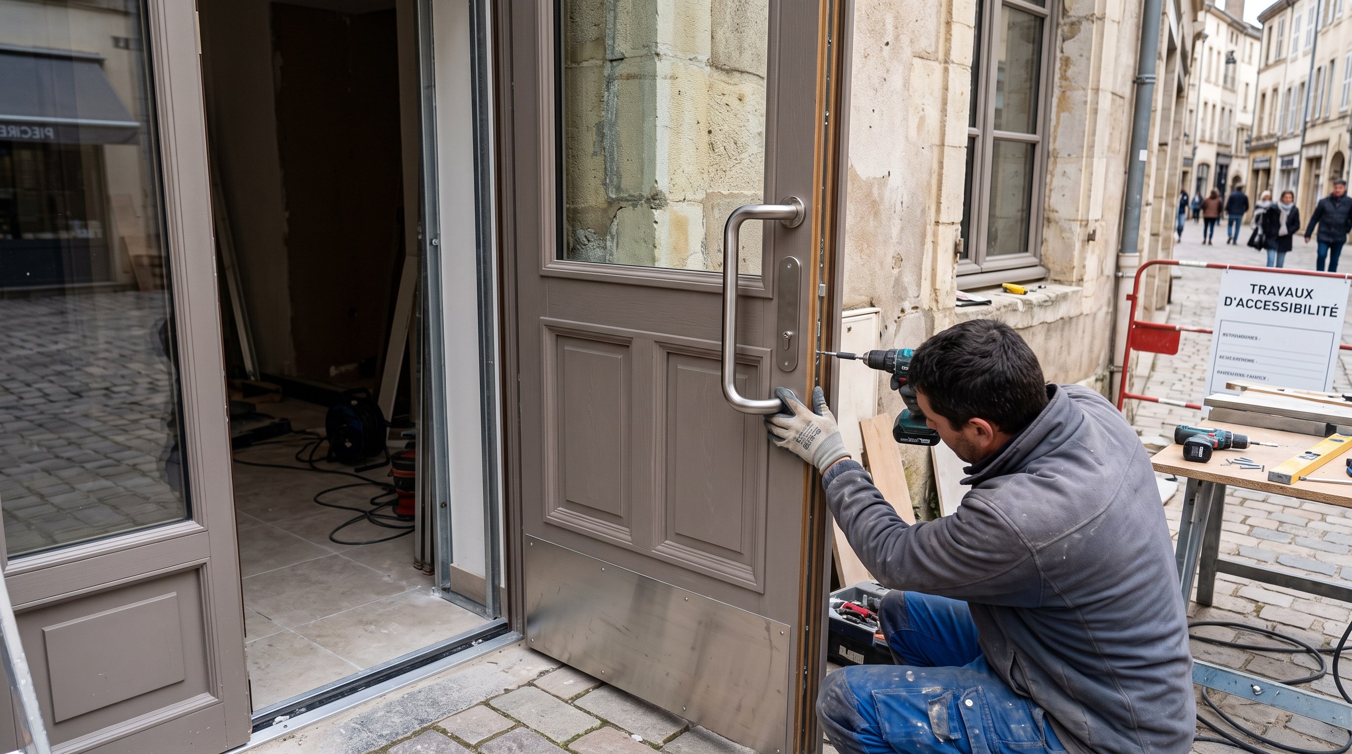 Pose d'une poignée adaptée sur une porte de commerce élargie