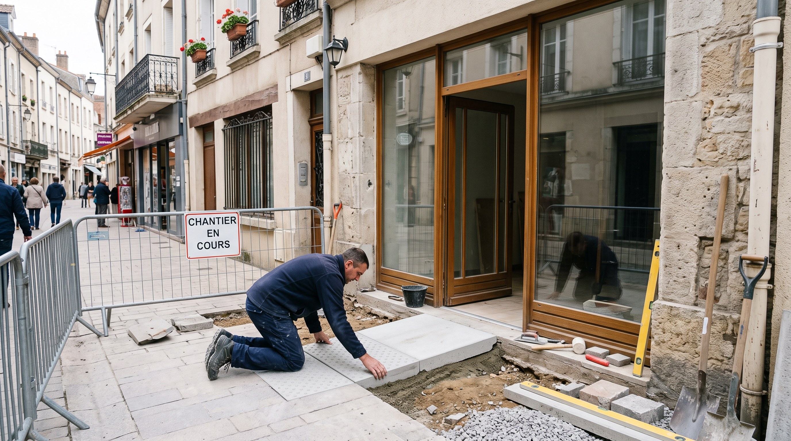 Vitrine d'un commerce de centre-ville avec entrée accessible