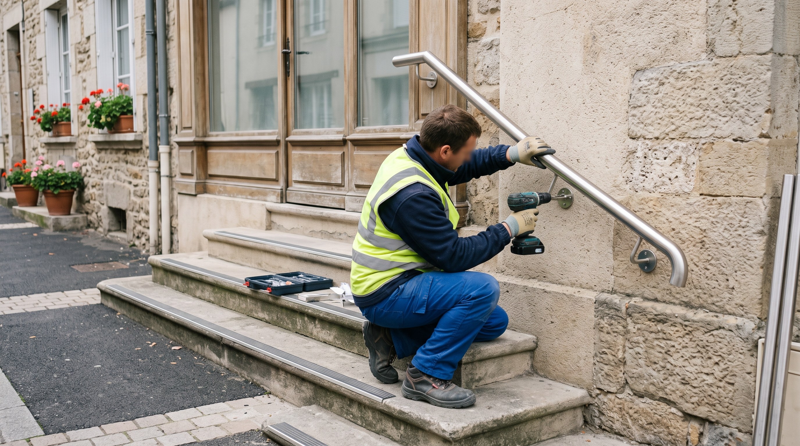 Main courante posée le long d'un escalier de commerce
