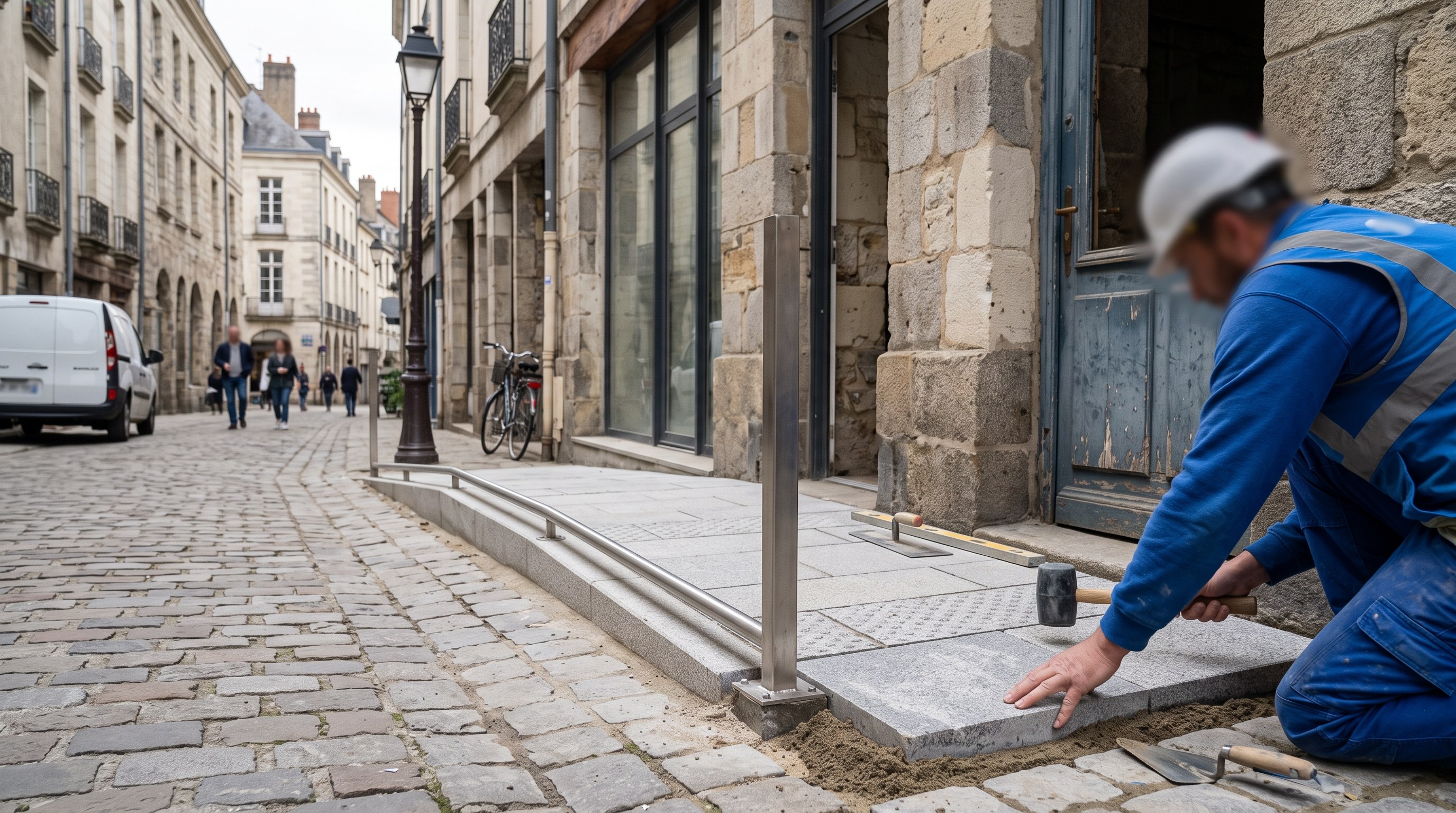 Rampe d'accès PMR intégrée à une façade ancienne du centre de Nantes