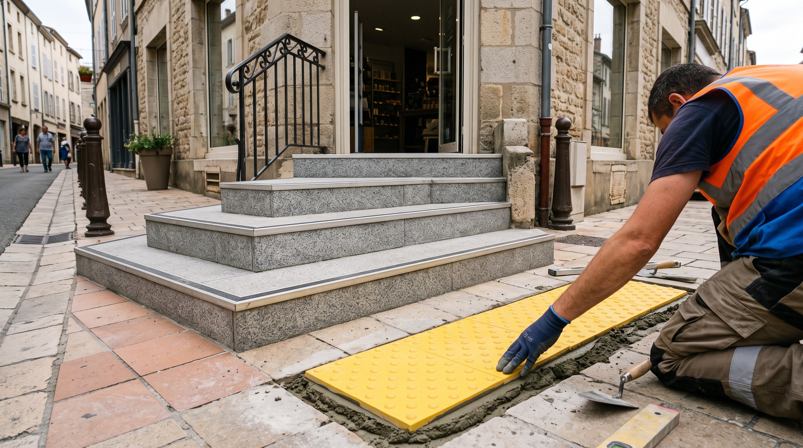 Signalétique contrastée et bande d'éveil posée devant un escalier de commerce
