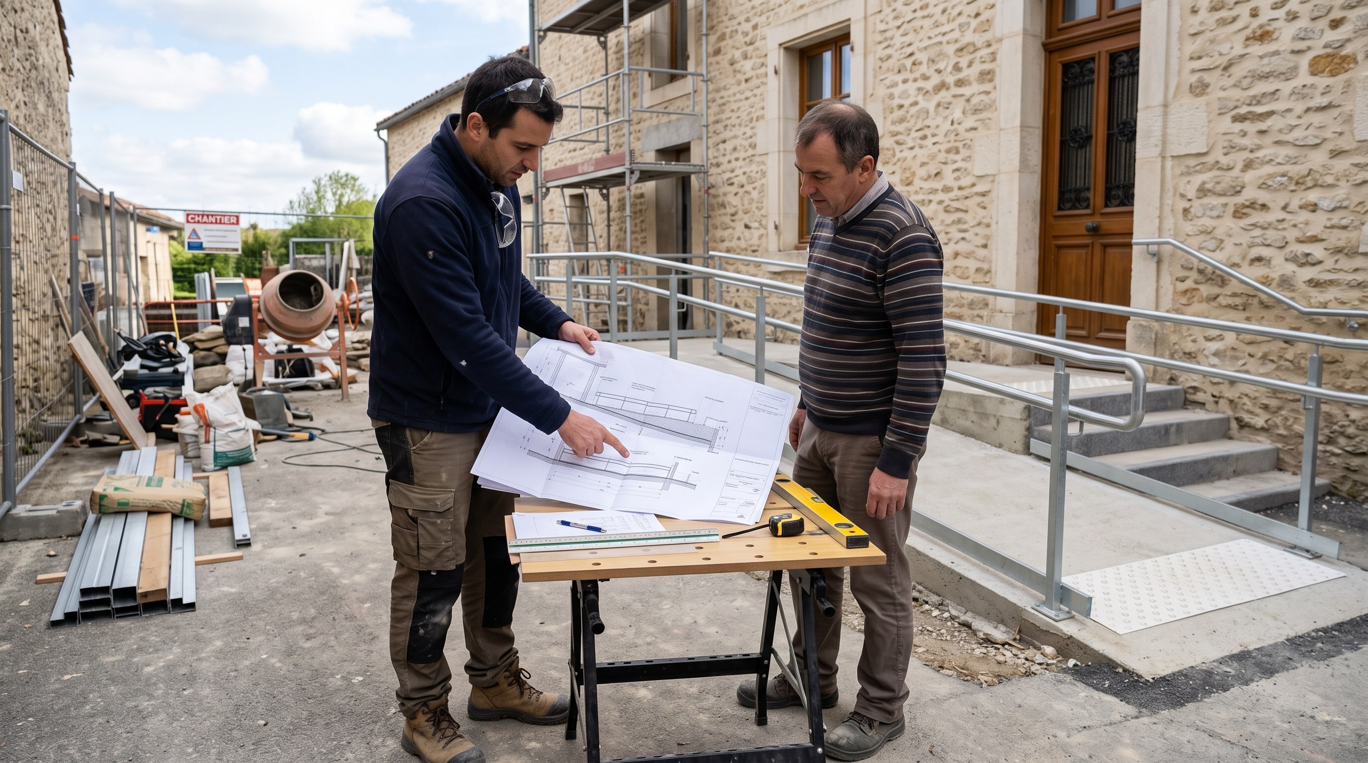 Échange entre un commerçant et un professionnel du bâtiment autour d'un plan de travaux