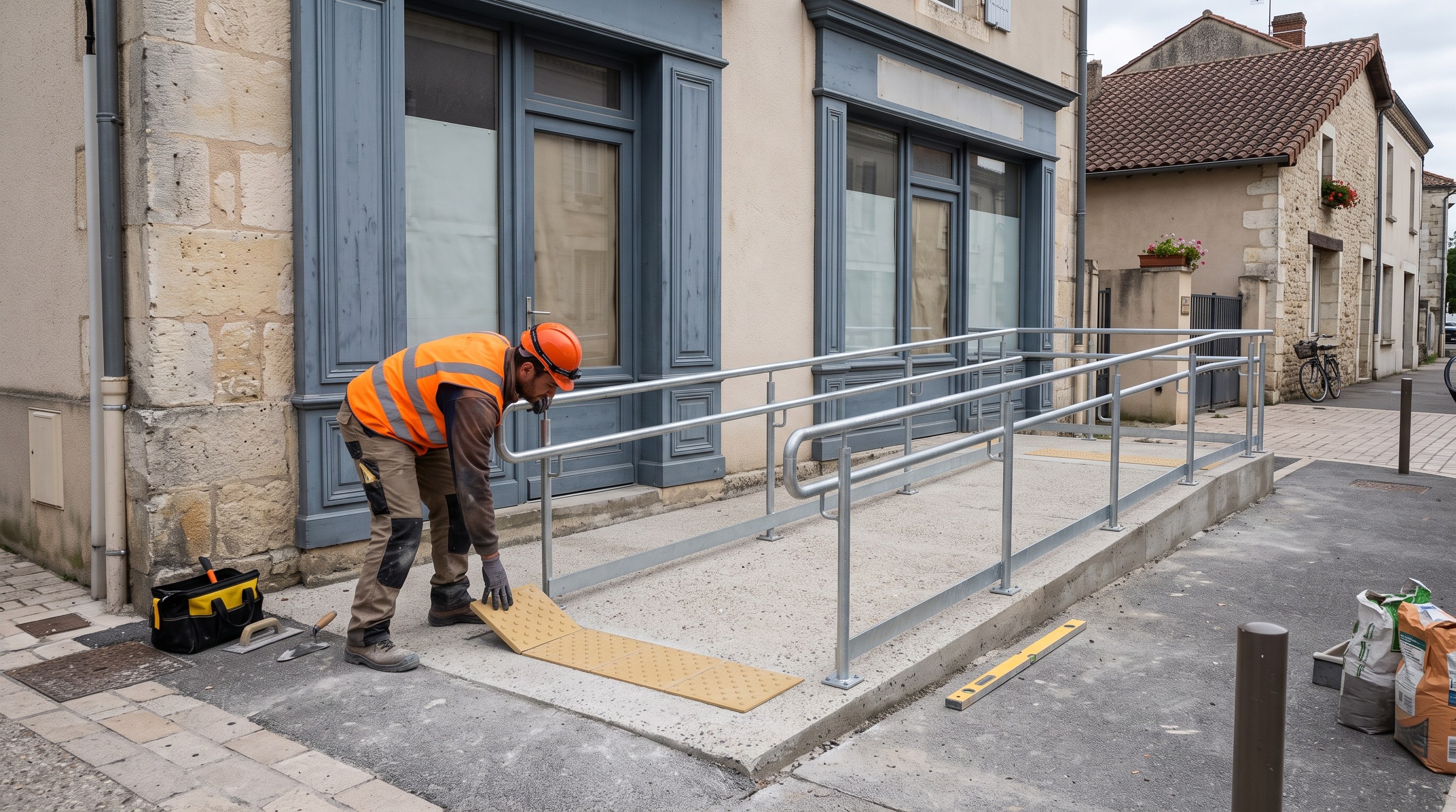 Rampe d'accès PMR en façade de commerce avec palier de repos