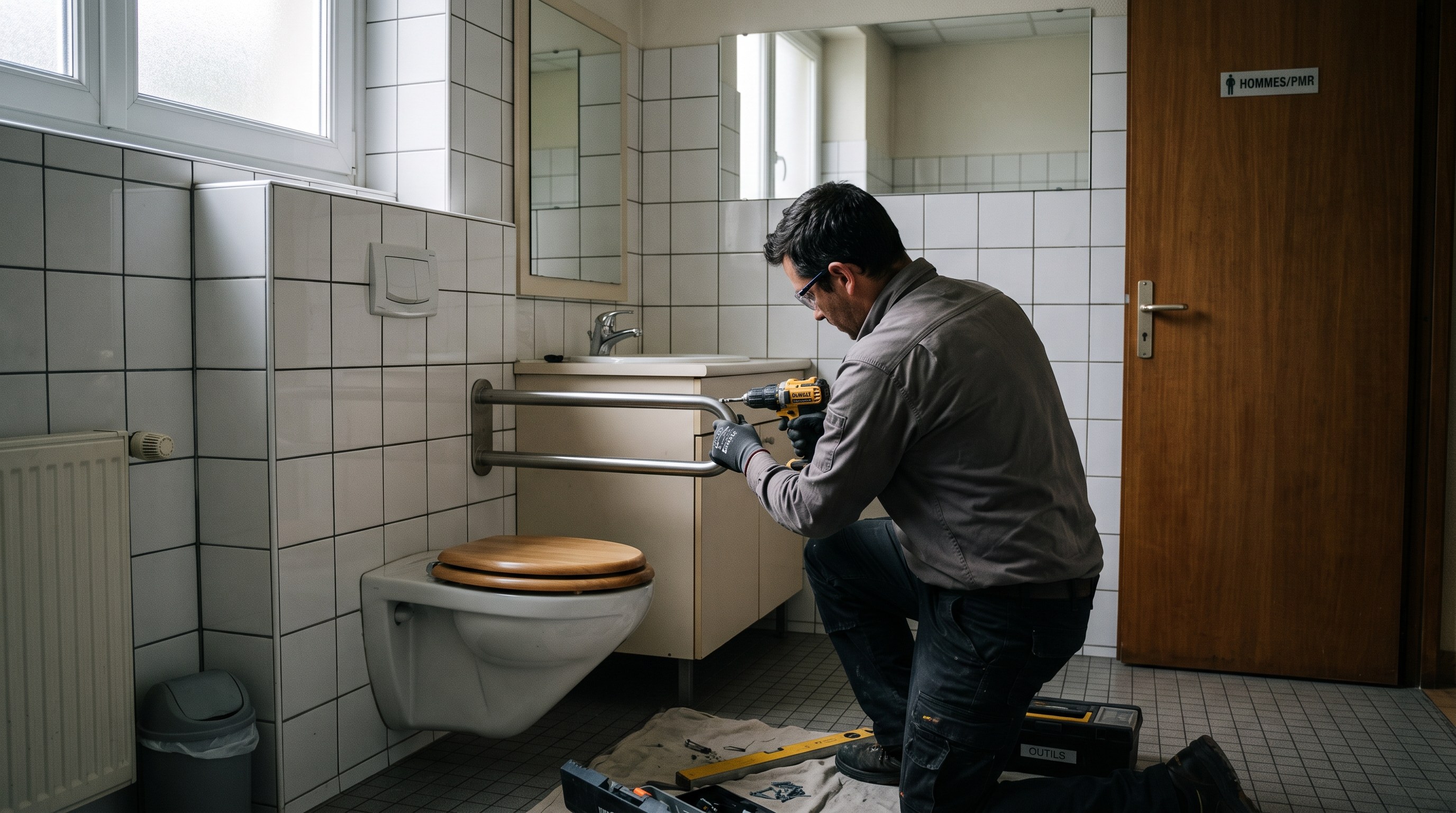 Artisan posant une barre d'appui dans un sanitaire de commerce en dehors des heures d'ouverture