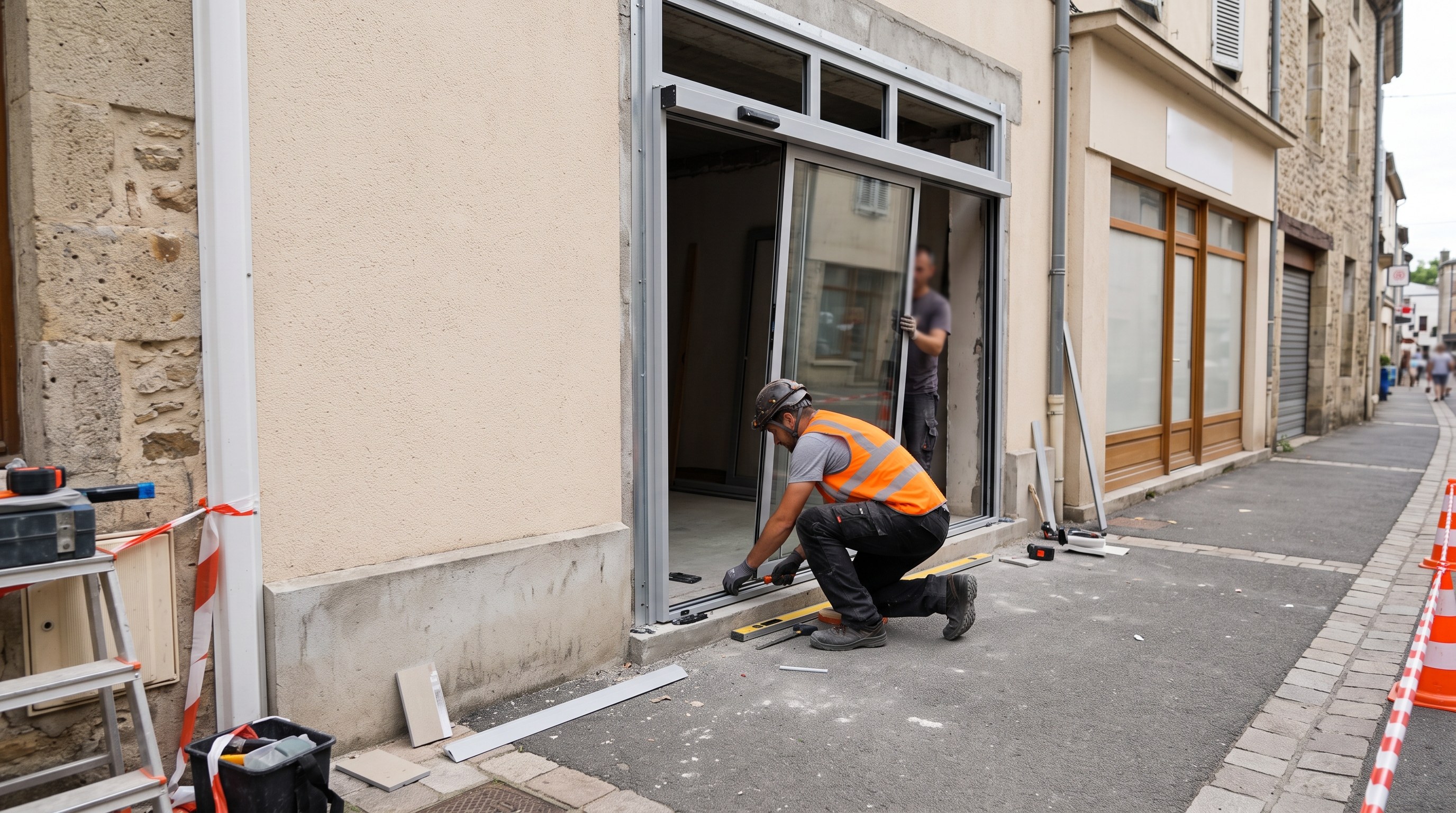 Porte coulissante posée sur une façade de commerce pour l'accessibilité PMR