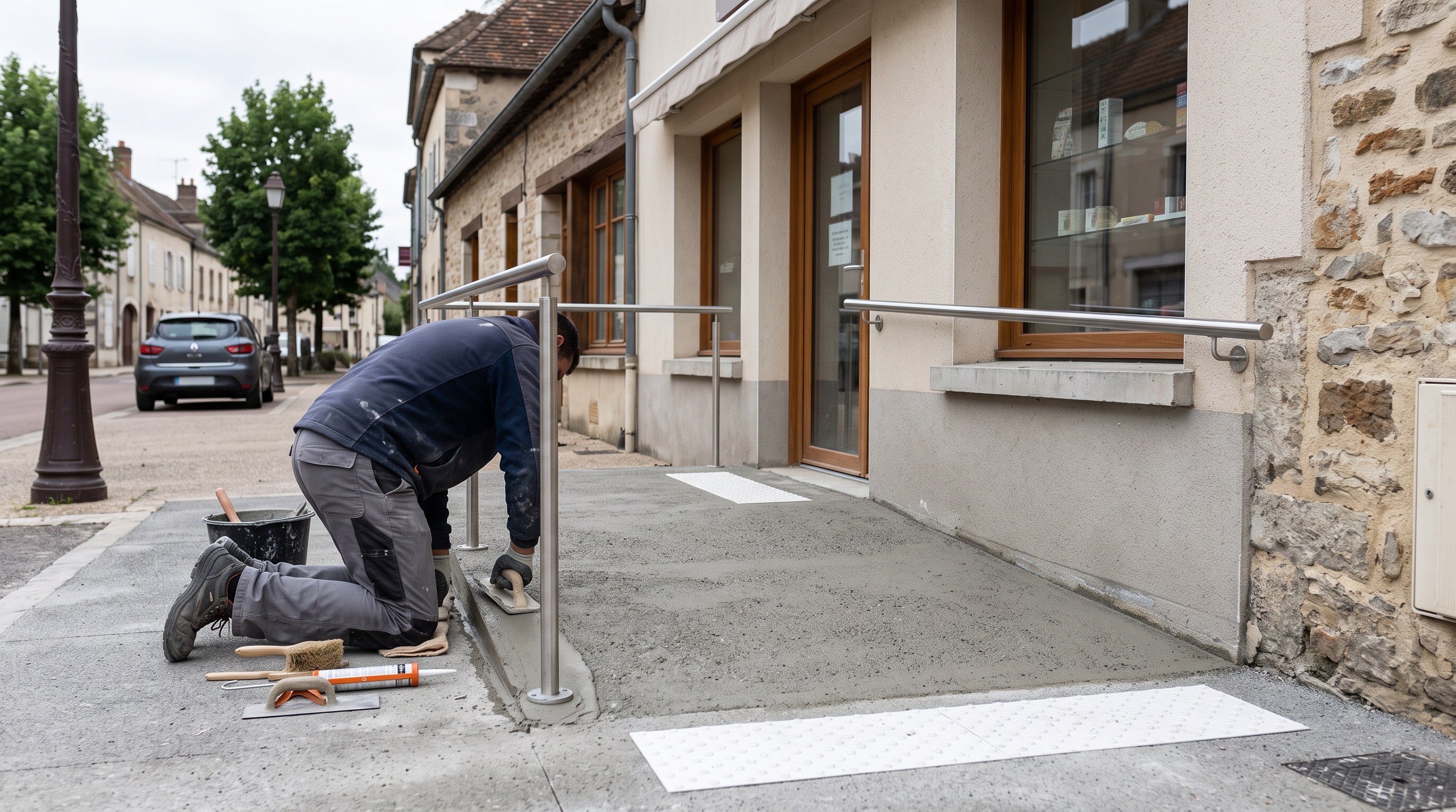 Finition d'une rampe d'accès PMR posée devant un commerce