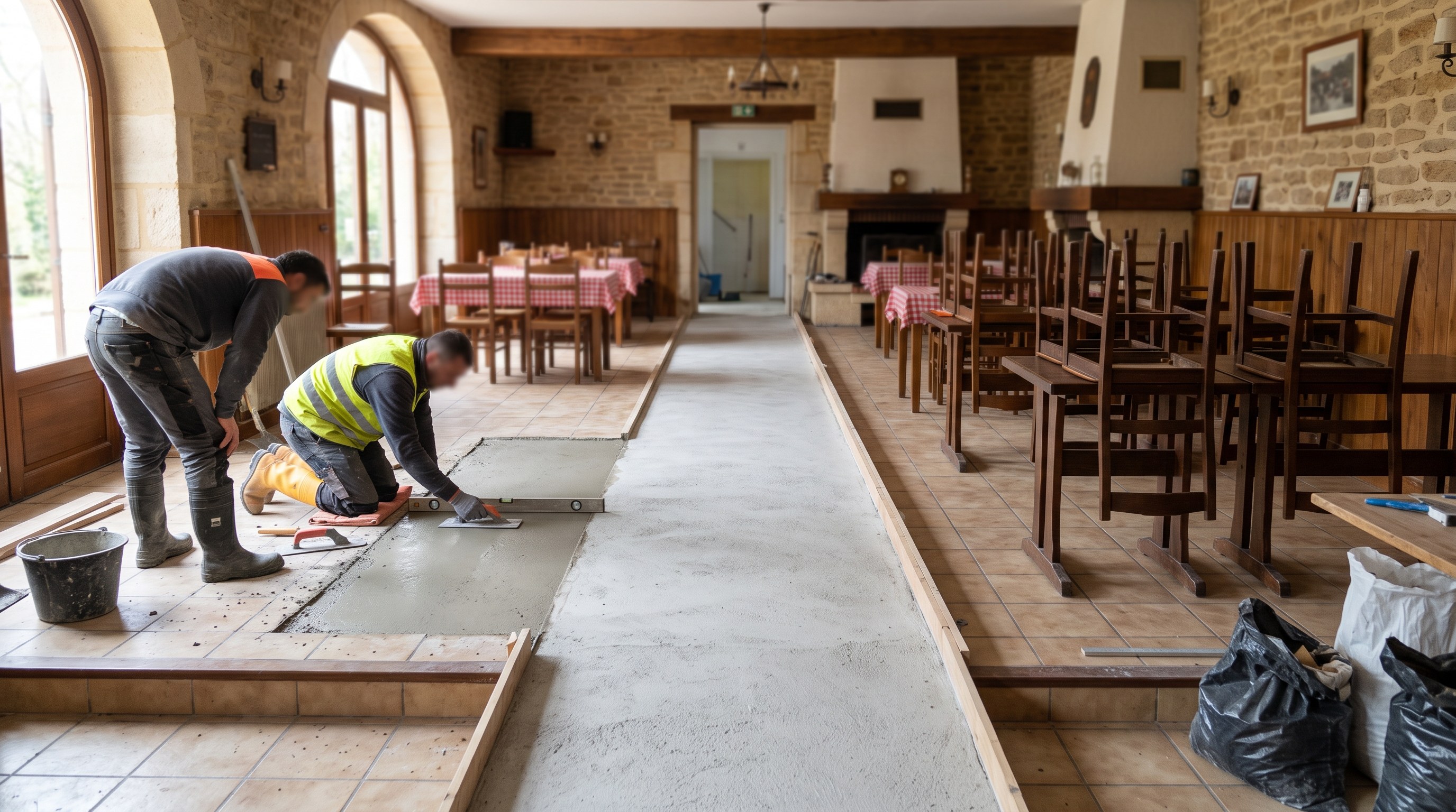 Salle de restaurant avec cheminement dégagé entre les tables