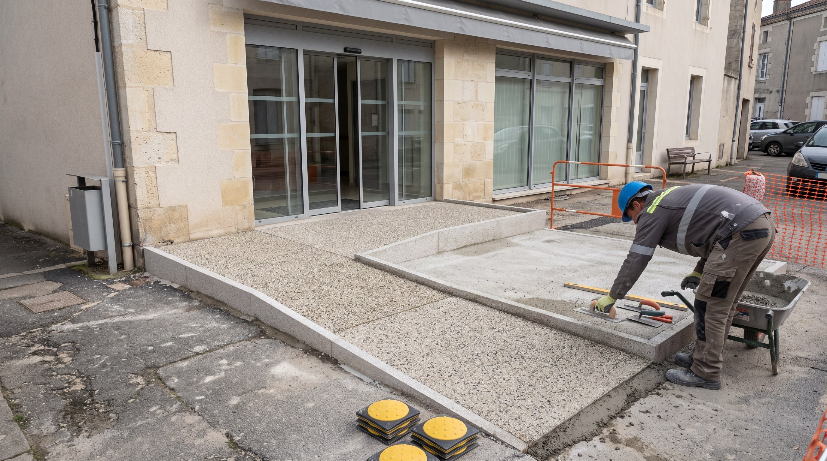 Cheminement extérieur en béton désactivé menant à l'entrée d'un commerce