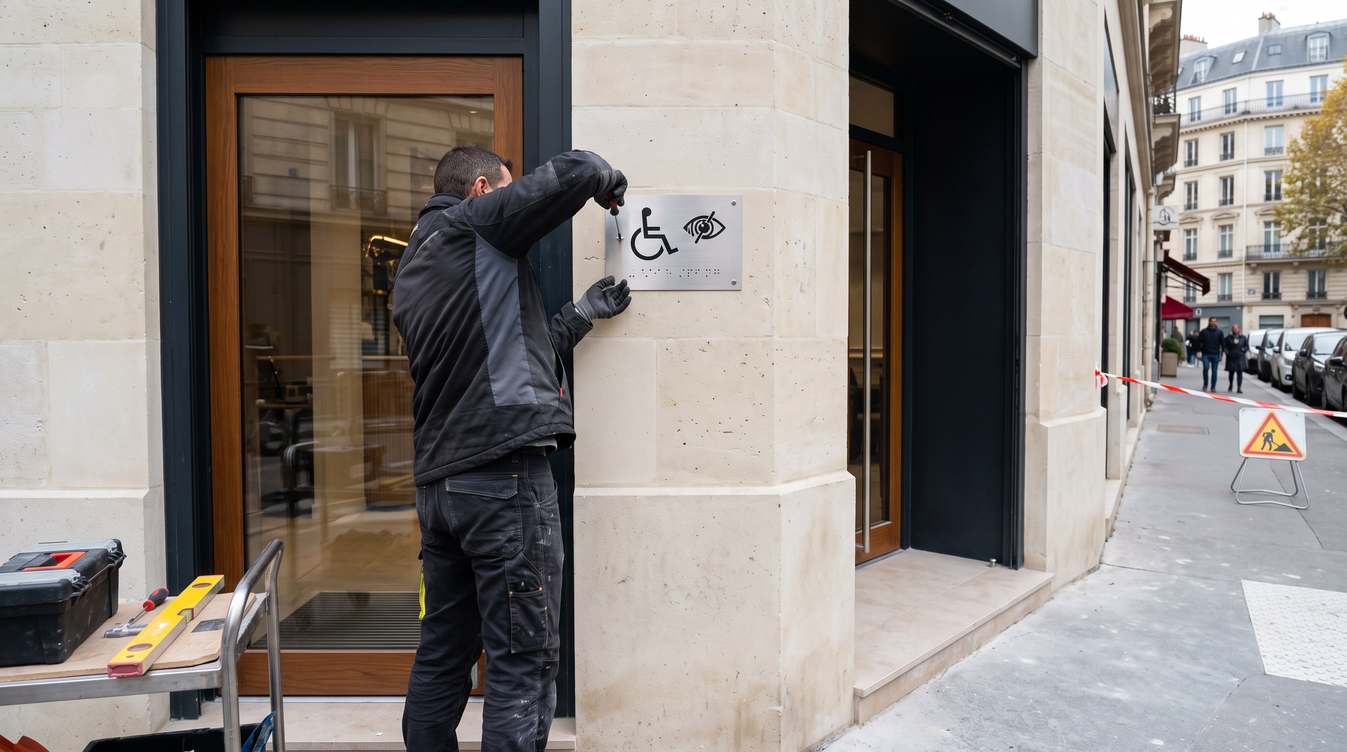Signalétique PMR intégrée à l'entrée d'un commerce avec identité visuelle soignée